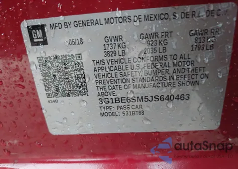 2018 Chevrolet Cruze Lt из США, поврежденный, VIN 3G1BE6SM5JS640463